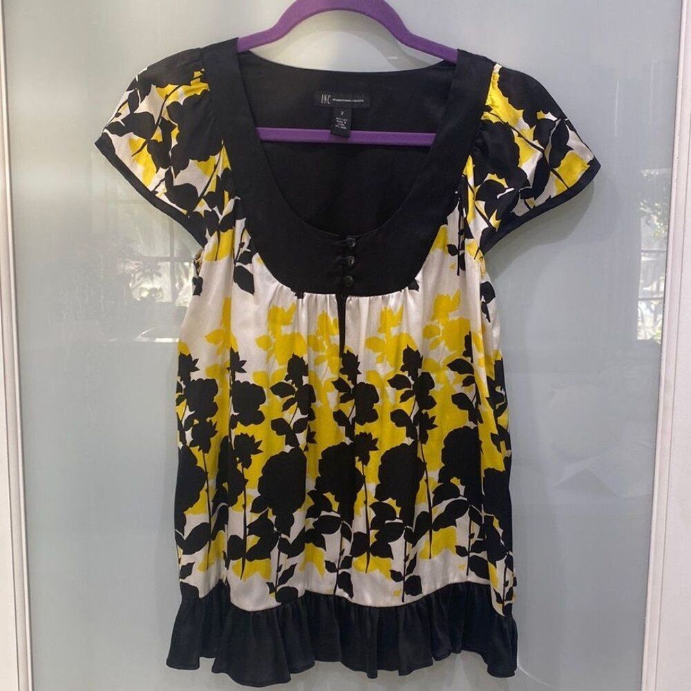 INC International Concepts Women's Black Yellow Flower Print Babydoll Top 2